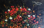 Floral composition with red, white, yellow, green, shades of green and orange flowers on black enamel background, with nuances, lines and shades.