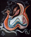 abstract swan and sitting human figure like shapes  with curls and bended lines on black enamel