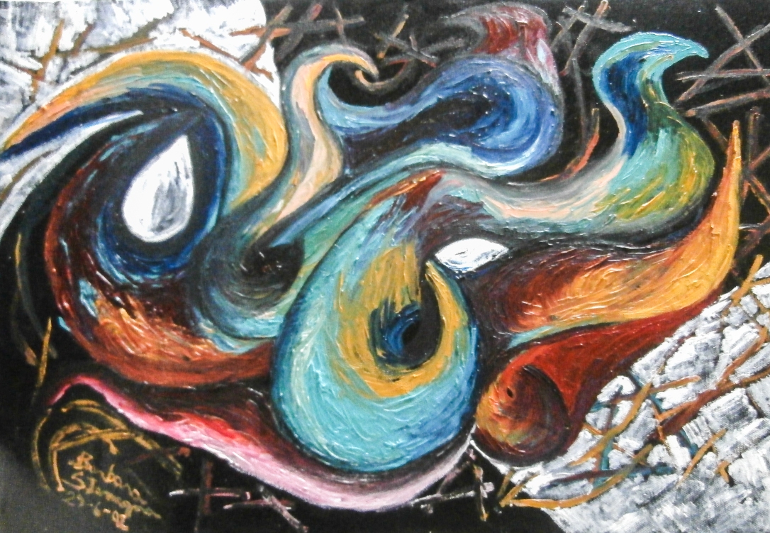 Confluence shapes impression like abstract artwork image in blue, green, yellow, white, red, brownish, pink, blue tones