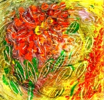 orange flower energy like abstract art image with green leaf shapes on mottled yellow background