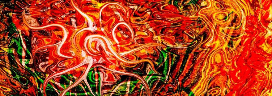 abstract dynamic art image with central white curving shape in dominant red and yellow tones