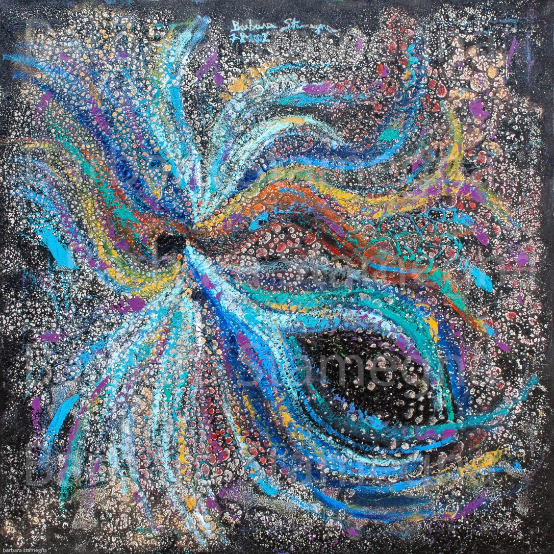 abstract dynamic night blossom painting with multicolored lighted dots converging vortex and petal like shapes and lines