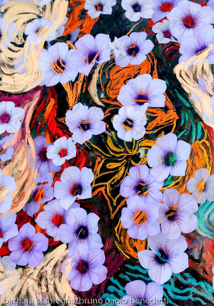 abstraction of floating ethereal indigo flowers like art image on multicolored mottled background