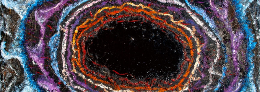White, blue, orange, red, purple tones roundish irregular concentric shapes with a central black hole like figure on black enamel rough texture background, with nuances