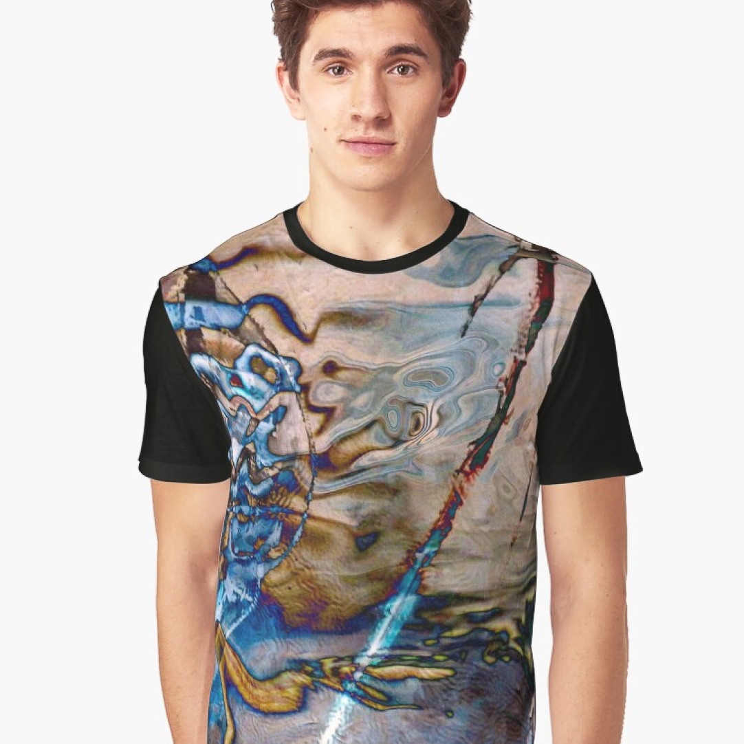 water dream abstraction image with fluid shapes, lines, waves and colors in blue and light brown tones on graphic shirt