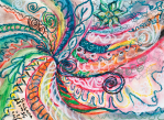 abstract concentric nature creation in tones of pink,blue,green,orange,black and white with curls and shapes of nature