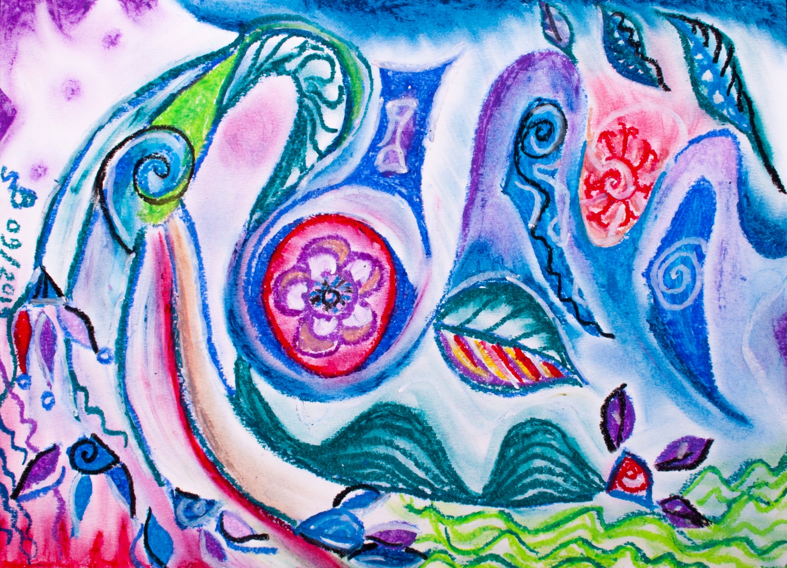 abstract image representing positive thoughts rising in mind with circles, curls, concentric forms and shapes of nature in blue, violet, red, green, white and black tones.