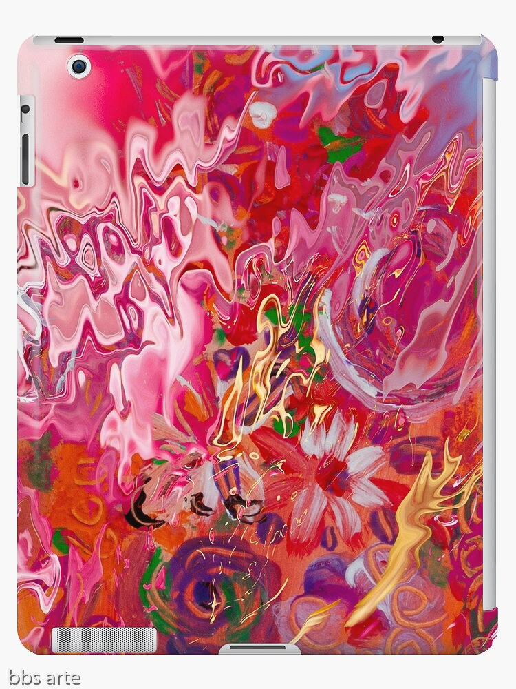 iPad case with abstract floral suggestion pattern in pink and fuchsia shades with light blue, yellow, orange, white, green and purple colors