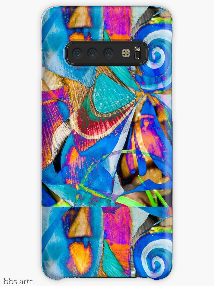 samsung galaxy case skin with abstract bright dynamic pattern of geometric and round shapes and curls, in tones of blue, fuchsia, orange, white, black, light green and yellow