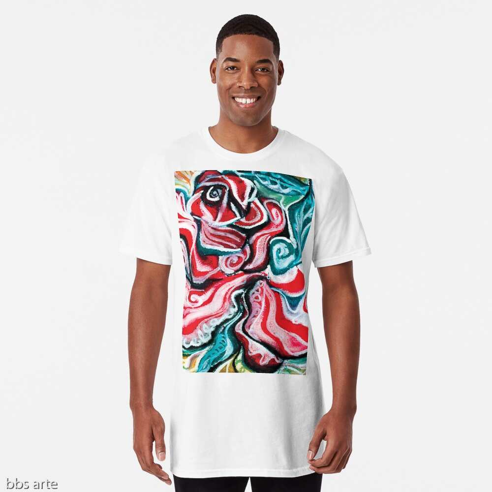 xmas long t shirt for man with Christmas colors abstract image in tones of red green, white, black and yellow with curls and curved shapes