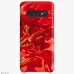 galaxy case in deep red tones with fluid shapes, black spots and yellow lines