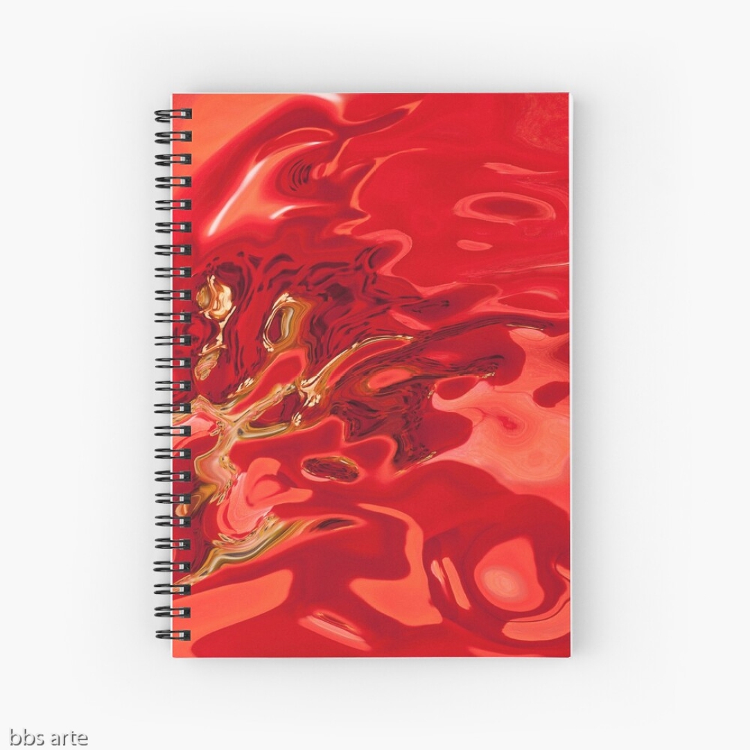 spiral notebook in deep red tones with fluid shapes, black spots and yellow lines