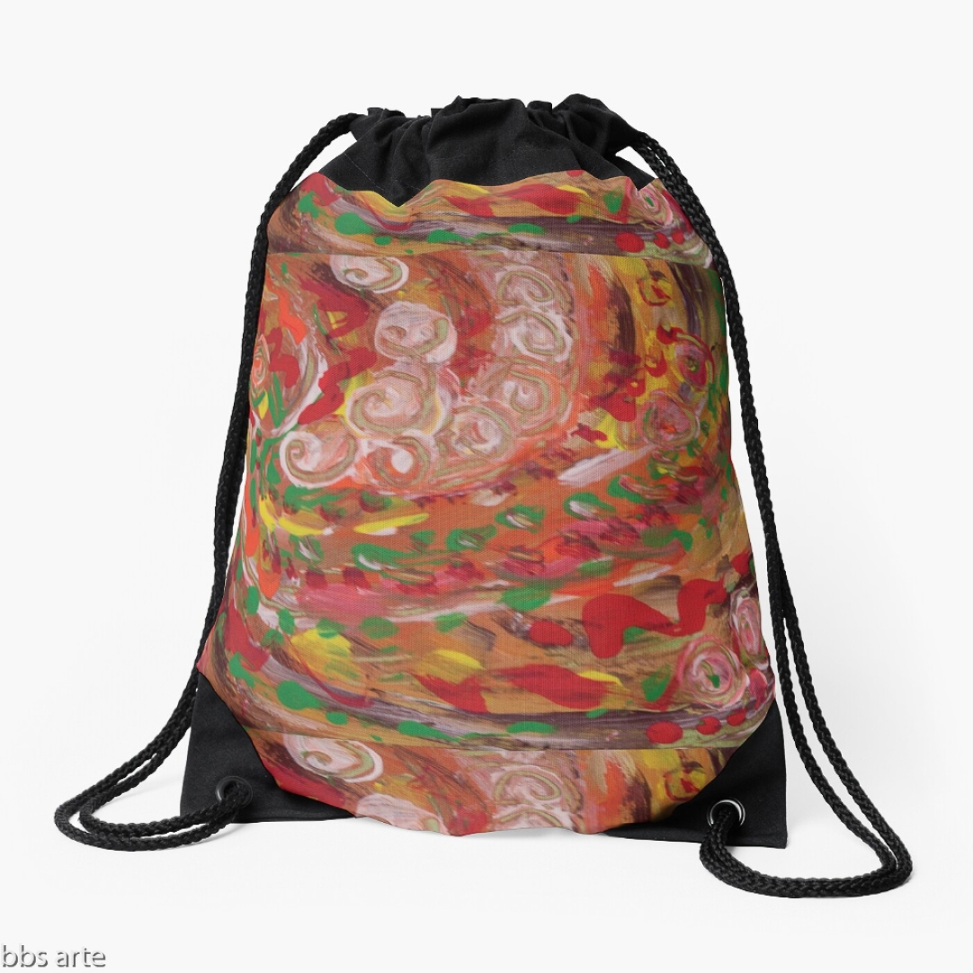 drawstring bag with swirling curls design, in tones of red, white, green, orange, yellow and brown